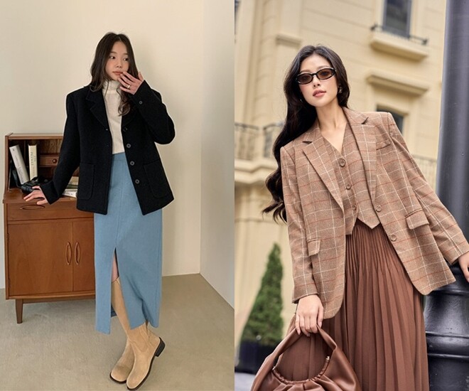 Áo blazer hoặc áo khoác vest kết hợp chân váy xếp ly là bộ đôi công sở kinh điển, mang đến vẻ thanh lịch và chuyên nghiệp mà chị em khó có thể bỏ qua.