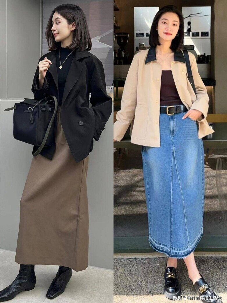 Áo trench coat dáng ngắn trông thời thượng nhất khi mix cùng chân váy suông, đặc biệt là các chất liệu cá tính như denim hoặc đơn giản, thanh lịch như kaki.