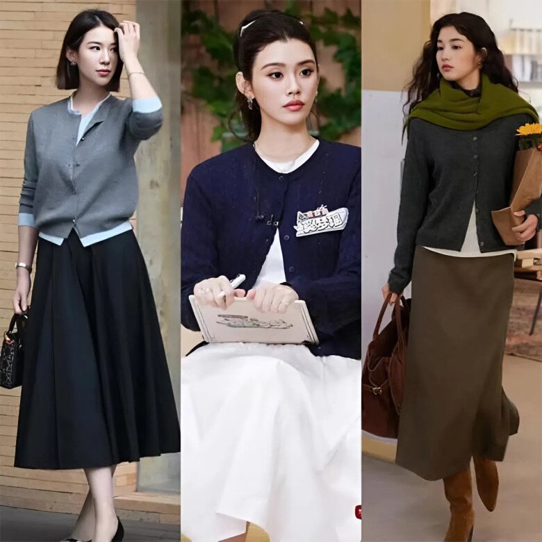 Áo len dệt kim dáng ngắn ôm nhẹ kết hợp cùng chân váy hơi xòe sẽ tạo sự cân đối hoàn hảo, giúp tổng thể vừa nữ tính vừa tôn dáng.