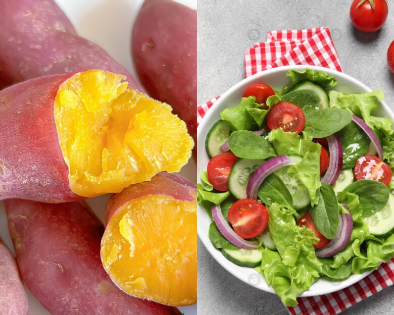 Khoai lang và salad là hai món ăn lành mạnh, giàu chất xơ và rất được ưa chuộng trong các thực đơn giảm cân hoặc eat clean.