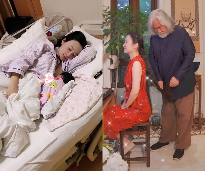 Đạo diễn U80 kề cạnh chăm sóc vợ trẻ ở những lần sinh trước.