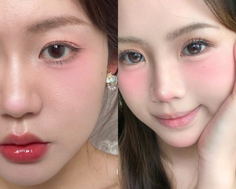 Cách đánh má này ưu tiên lớp màu mỏng để tạo hiệu ứng ửng hồng tự nhiên. Người trang điểm nên tán phấn từ gò má hướng lên vùng dưới mắt, đồng thời làm mềm phần rìa để màu hòa vào lớp nền. Các gam hồng đào, hồng sữa hoặc hồng pha đỏ sẽ giúp gương mặt thêm tươi tắn, trẻ trung.