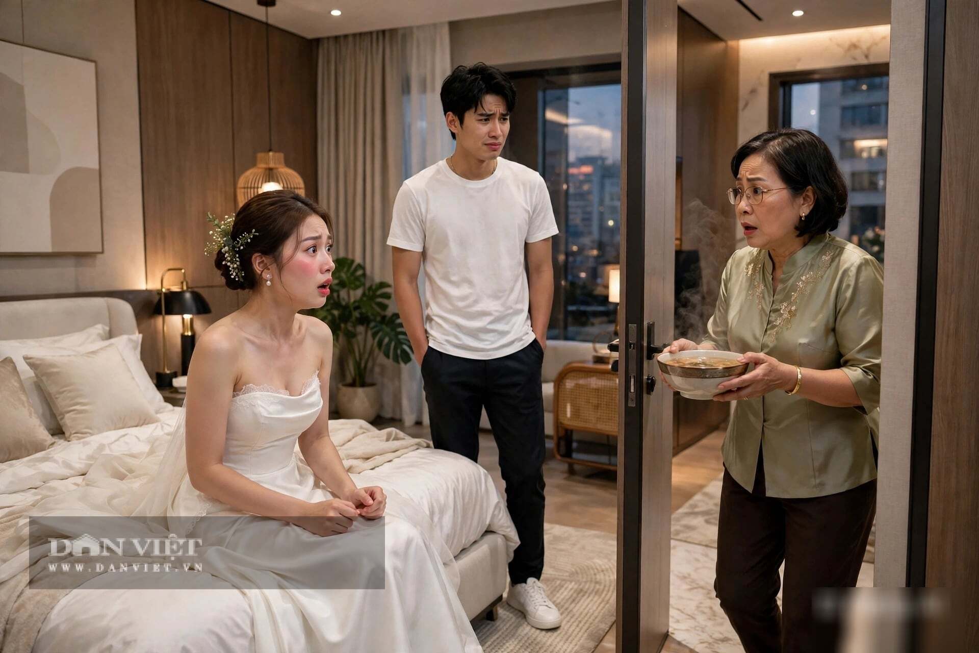 Đêm tân hôn, tôi ngồi chết trân trên chiếc giường tân hôn trải ga đỏ.
