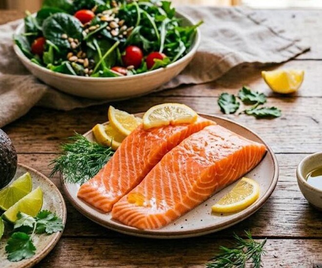 Cá hồi giàu protein và omega-3, giúp bổ sung dưỡng chất cần thiết cho cơ thể. Chị em có thể kết hợp cá hồi với rau xanh, salad hoặc các loại củ để tạo nên bữa ăn vừa ngon miệng vừa cân bằng.