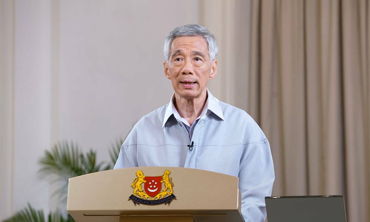 Thủ tướng Singapore Lý Hiển Long thông tin đến người dân đảo quốc về tình hình Covid-19 và chiến lực ứng phó ngày 9/10. Ảnh: Bộ Truyền thông và Thông tin Singapore.