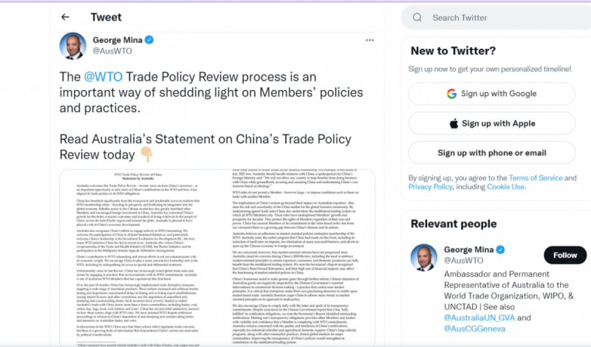 Đại sứ, Trưởng phái đoàn Australia tại WTO George Mina đăng tuyên bố của nước này lên trang Twitter cá nhân.