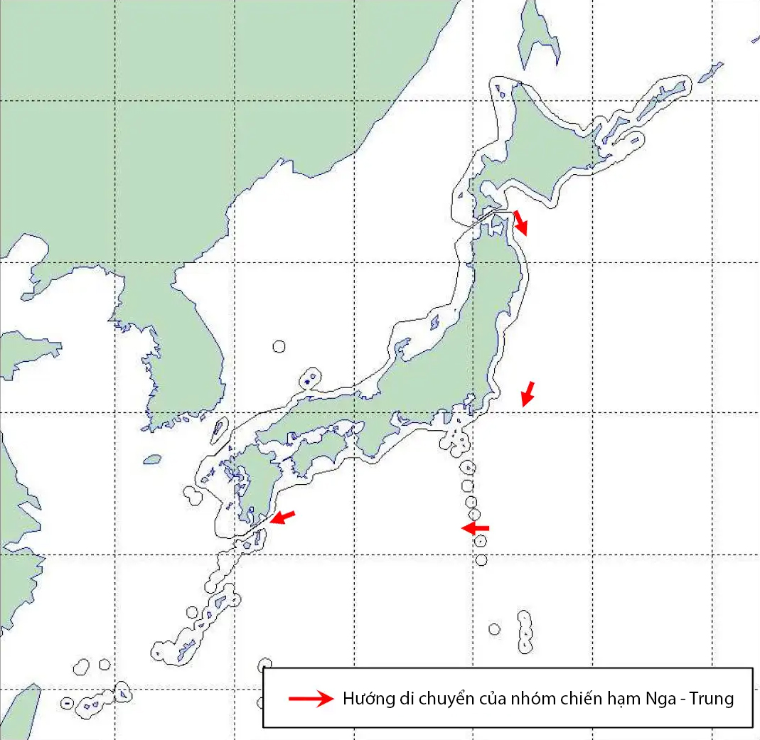 Hải trình của nhóm chiến hạm Nga - Trung ngoài khơi Nhật Bản. Đồ họa: BQP Nhật Bản.