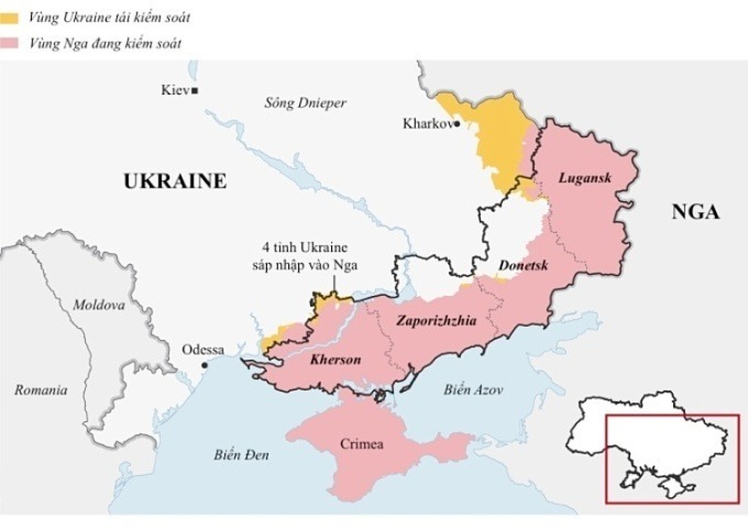 Những khu vực Nga kiểm soát tại 4 tỉnh trưng cầu dân ý sáp nhập vào lãnh thổ Nga. Đồ họa:Guardian.