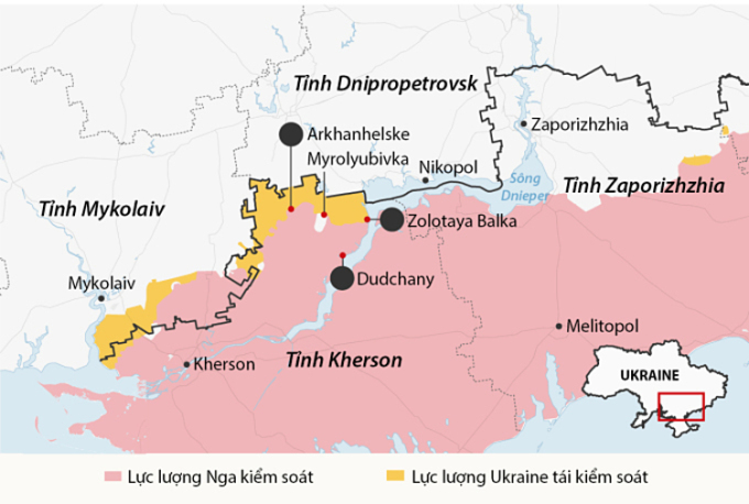 Cục diện chiến sự ở miền nam Ukraine sau hơn 7 tháng giao tranh. Đồ họa: Guardian.