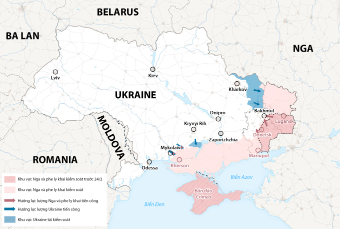 Cục diện chiến trường Ukraine sau hơn 7 tháng giao tranh. Đồ họa: WP.