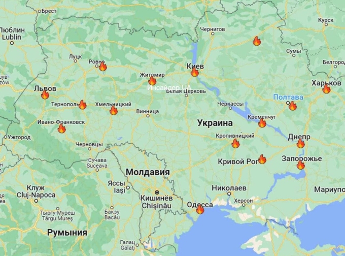 Các khu vực bị tấn công ở Ukraine sáng 10/10. Đồ họa: Văn phòng Tổng thống Ukraine.