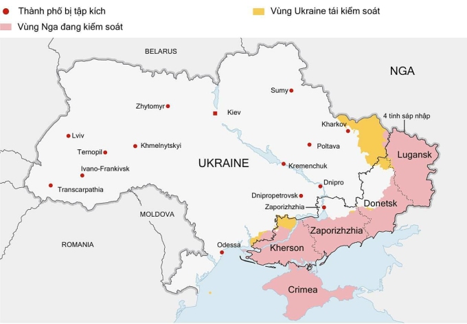 Những thành phố Ukraine bị tập kích tên lửa ngày 10/10. Đồ họa Guardian.