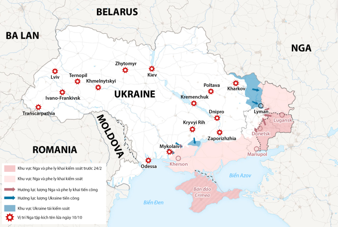 Những thành phố Ukraine bị Nga tập kích hôm 10/10. Đồ họa:WP.