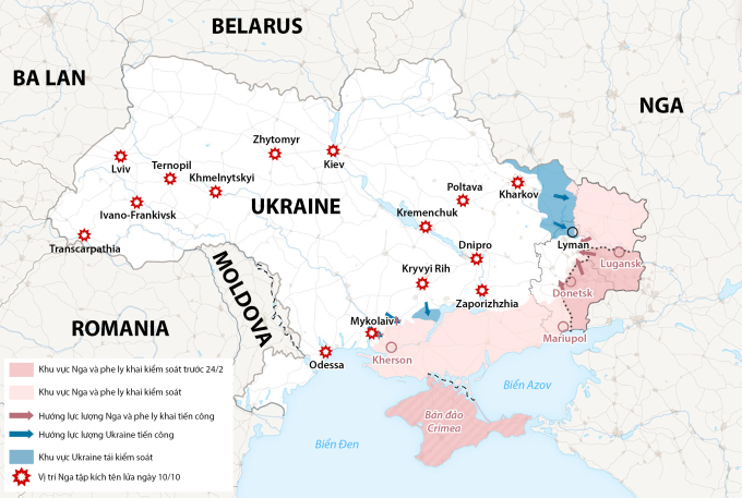 Vị trí các địa phương Ukraine bị Nga tập kích tên lửa ngày 10/10. Bấm để xem chi tiết.