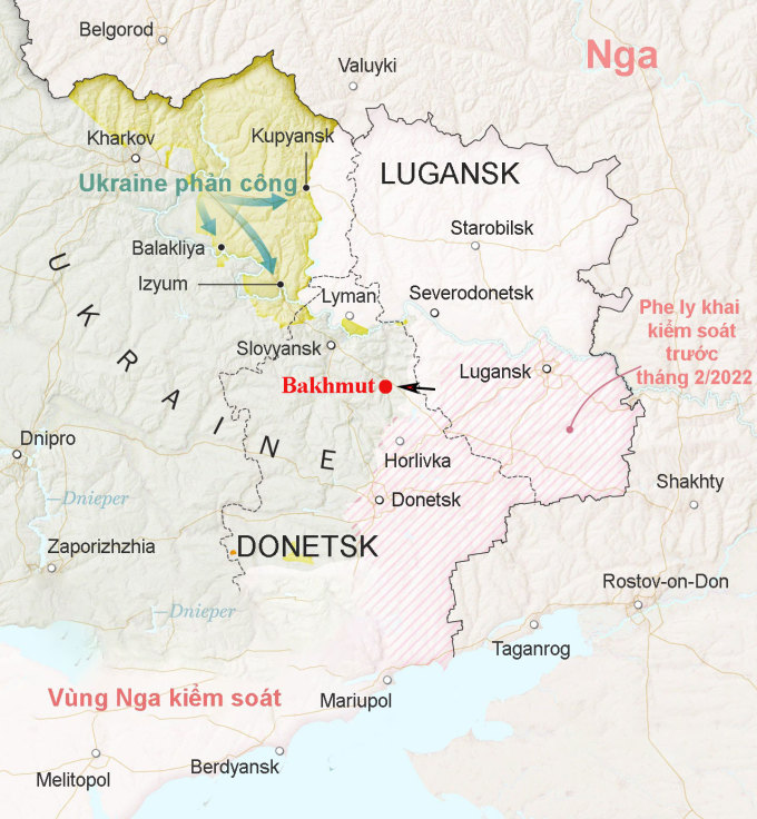 Vị trí thành phố Bakhmut ở miền đông Ukraine, nơi lực lượng Nga đang tìm cách kiểm soát. Đồ họa: FT.