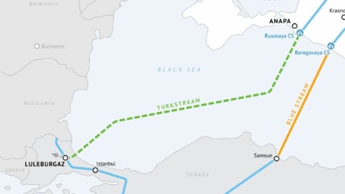 Tuyến Turkstream bắt đầu từ bờ biển Nga, đi qua Biển Đen đến vùng Đông Thrace của Thổ Nhĩ Kỳ. Đồ họa: Maritime Executive.