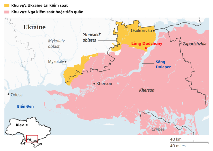 Vị trí của làng Dudchany và cục diện chiến sự ở Kherson, miền nam Ukraine. Đồ họa: Guardian.