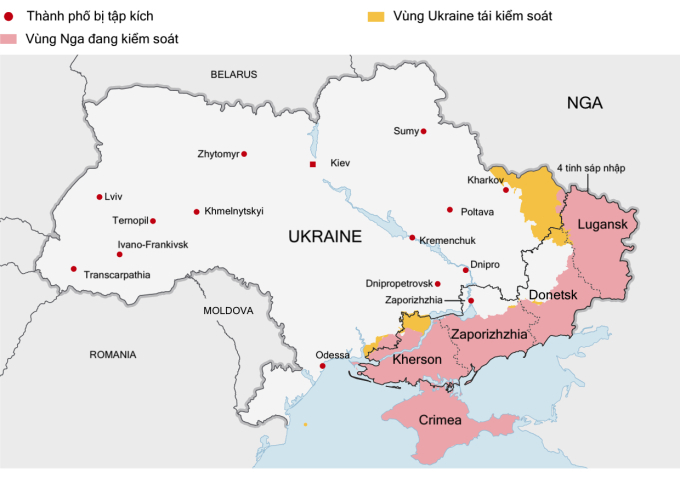 Các thành phố Ukraine bị Nga tập kích trong tuần qua. Đồ họa: Guardian.