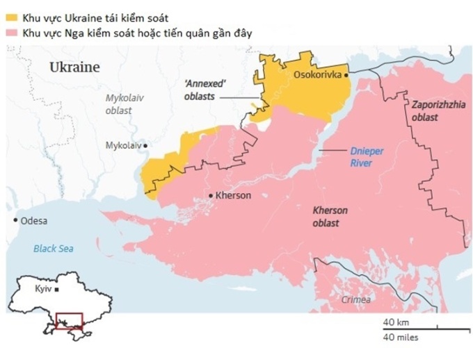 Vị trí và cục diện chiến sự ở Kherson, miền nam Ukraine. Đồ họa: Guardian.