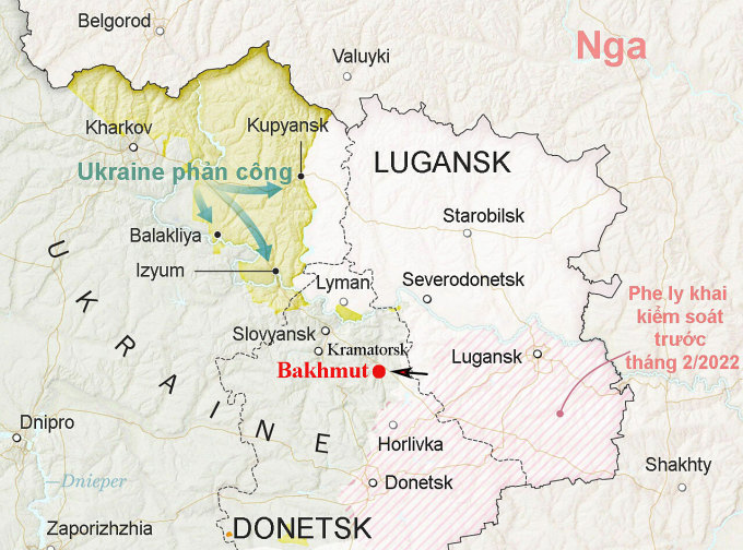 Vị trí thành phố Bakhmut ở miền đông Ukraine, nơi lực lượng Nga đang tìm cách kiểm soát. Đồ họa: FT.