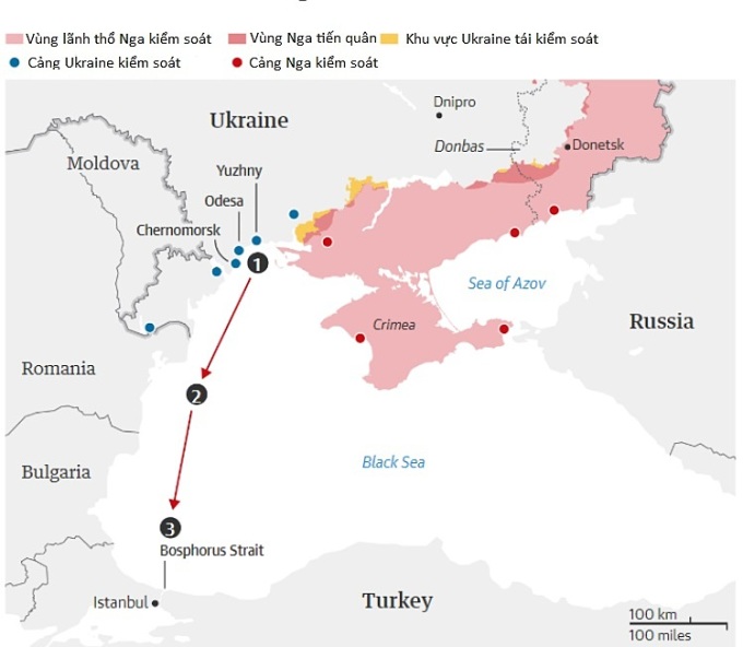 Hành lang an toàn được thiết lập theo thỏa thuận ngũ cốc Ukraine. Đồ họa: Guardian.