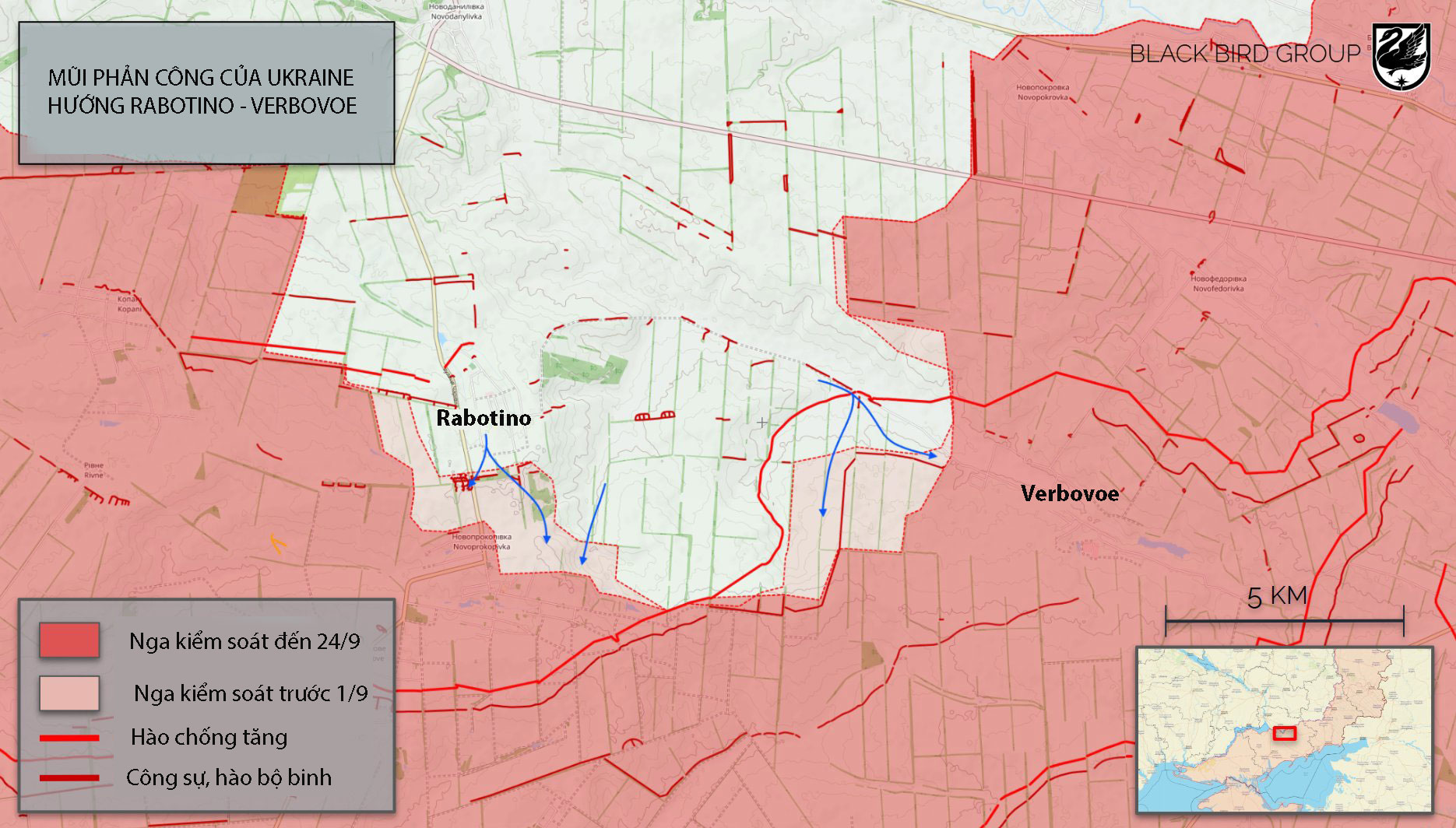 Mũi tiến công của Ukraine (màu xanh) trên hướng Rabotino và Verbovoe. Đồ họa: BlackBird