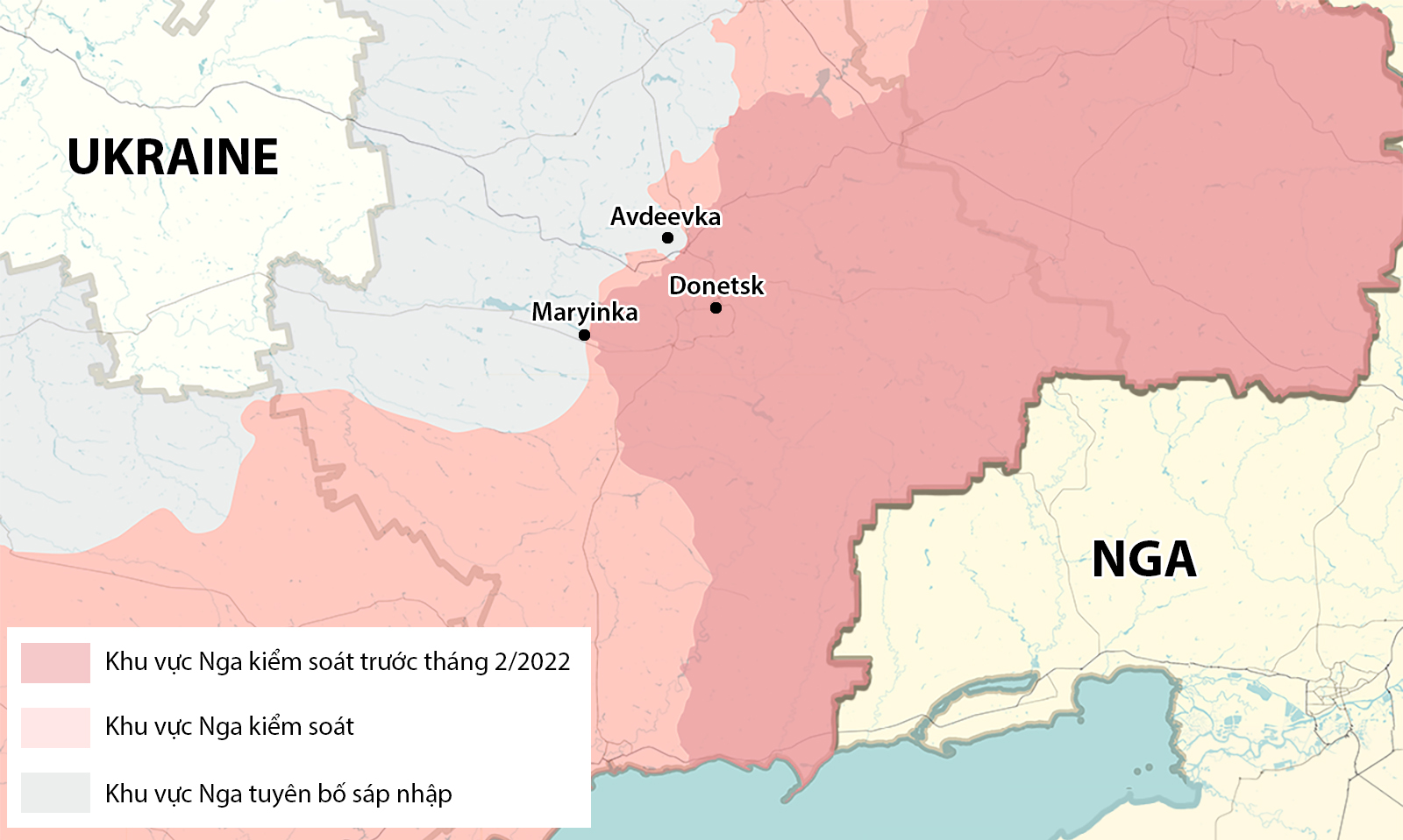 Vị trí thành phố Avdeevka, Donetsk và Maryinka. Đồ họa: RYV