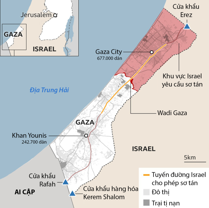 Khu vực quân đội Israel yêu cầu sơ tán ở miền bắc Dải Gaza. Đồ họa: BBC