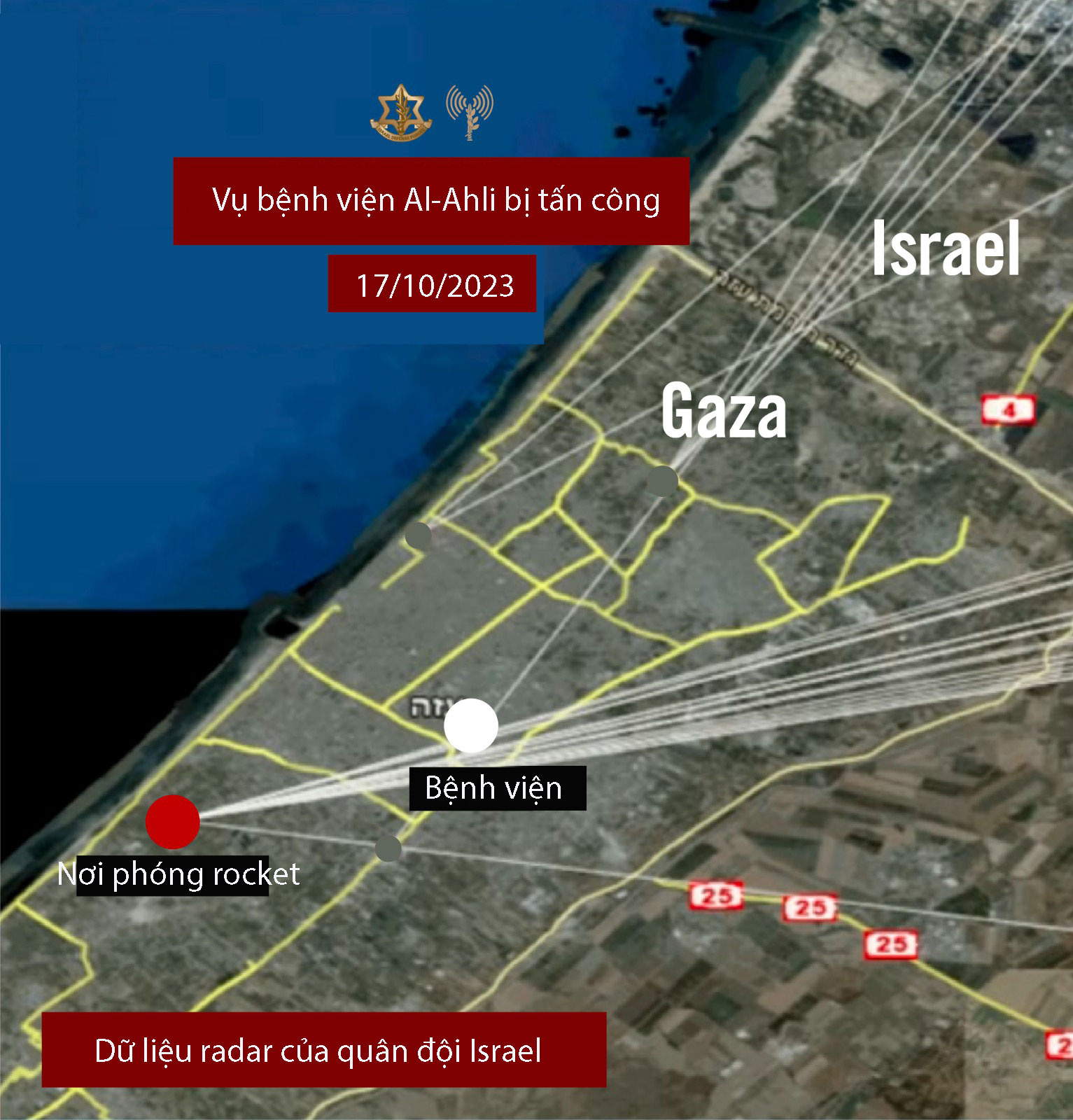 Dữ liệu radar do IDF công bố cho thấy loạt rocket phóng gần bệnh viện Al-Ahli ngày 17/10. Ảnh: IDF