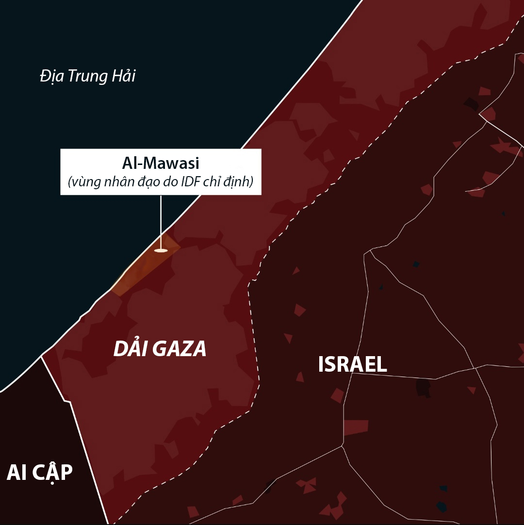Vị trí vùng nhân đạo do Lực lượng Phòng vệ Israel chỉ định ngày 18/10. Đồ họa: IDF