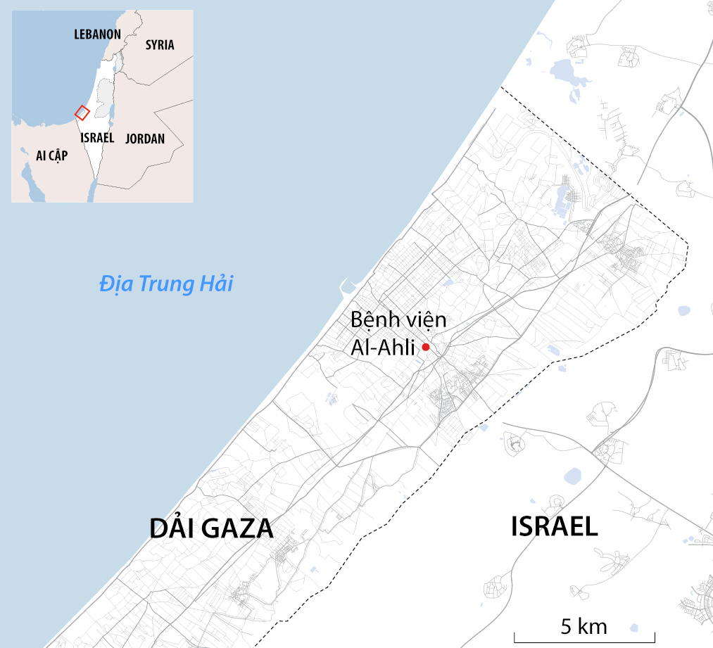 Vị trí bệnh viện Al-Ahli ở Dải Gaza. Đồ họa: AFP