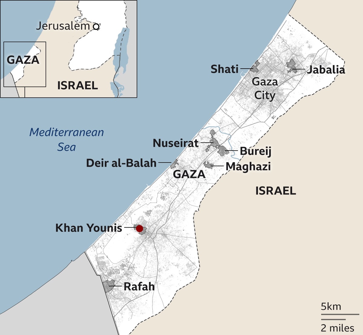 Vị trí thành phố Khan Younis (chấm đỏ) ở Dải Gaza. Đồ họa: BBC