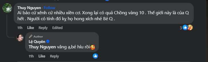 Lệ Quyên trả lời 1 bình luận gọi Lâm Bảo Châu là chồng vàng 10.