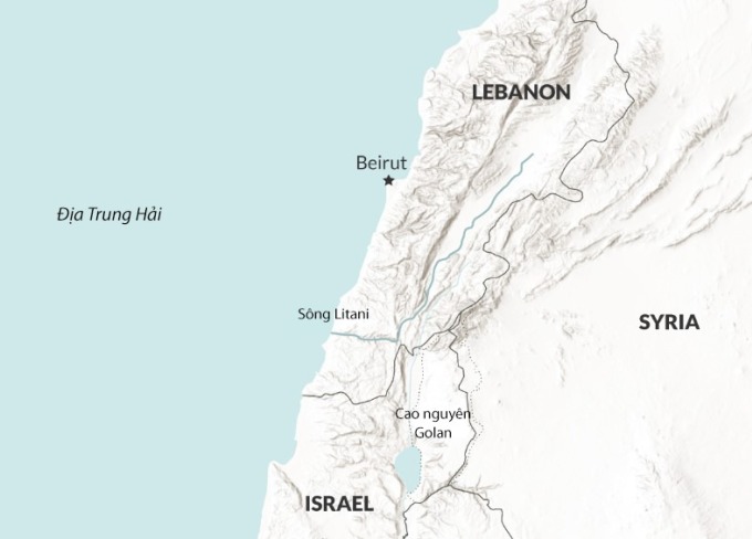 Vị trí Israel, Lebanon và sông Litani. Đồ họa: RENA