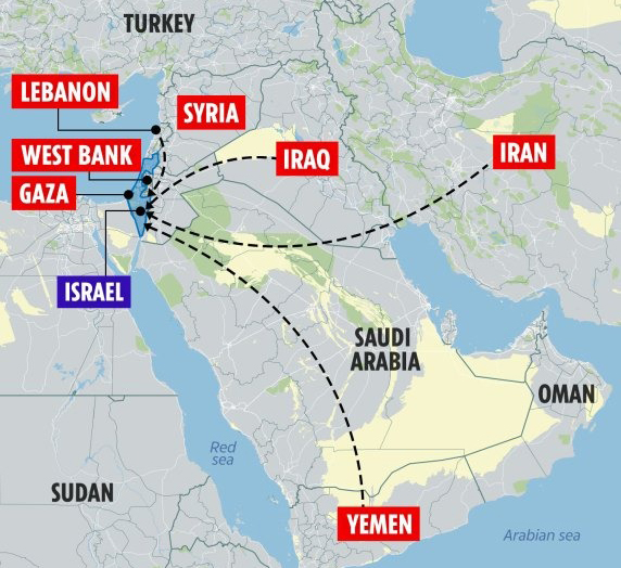 7 mặt trận mà Israel đang đối phó trong cuộc đối đầu với Iran. Đồ họa: Sun