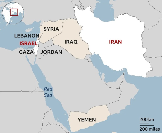 Vị trí Israel, Iran và các nước trong khu vực. Đồ họa: BBC