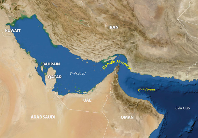 Vị trí eo biển Hormuz và các quốc gia xung quanh. Đồ họa: NASA