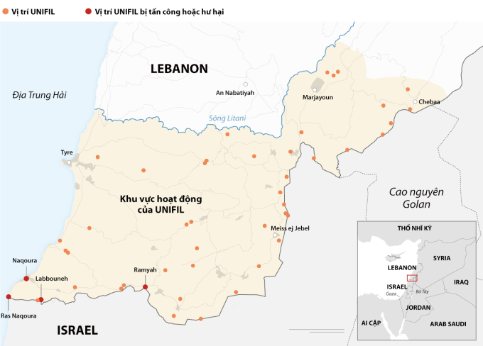 Khu vực hoạt động của UNIFIL tại Lebanon. Đồ họa: CNN