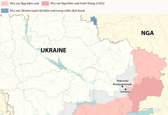 Vị trí thành phố  Selidovo và  Pokrovsk/Krasnoarmeysk, tỉnh Donetsk. Đồ họa: RYV