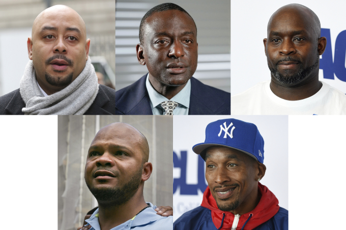 Từ trái sang, trên xuống là Raymond Santana, Yusef Salaam, Antron McCray, Korey Wise và Kevin Richardson, 5 người bị kết án oan trong vụ án năm 1989 ở New York City. Ảnh: AP