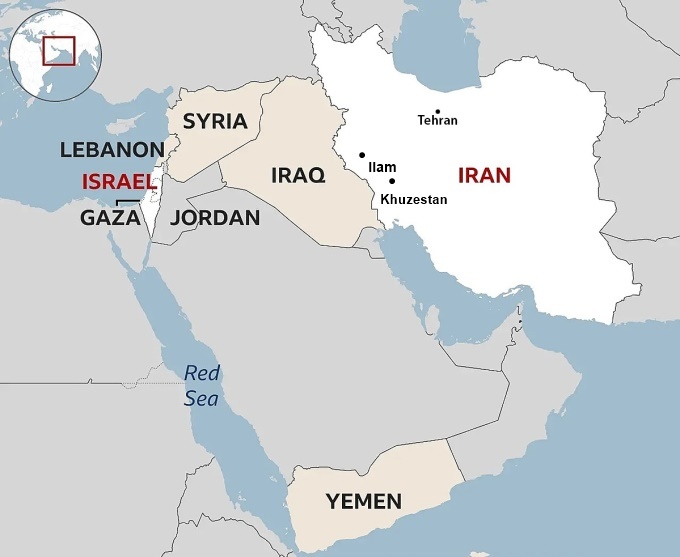 Vị trí ba tỉnh Tehran, Khuzestan và Ilam ở Iran. Đồ họa: BBC