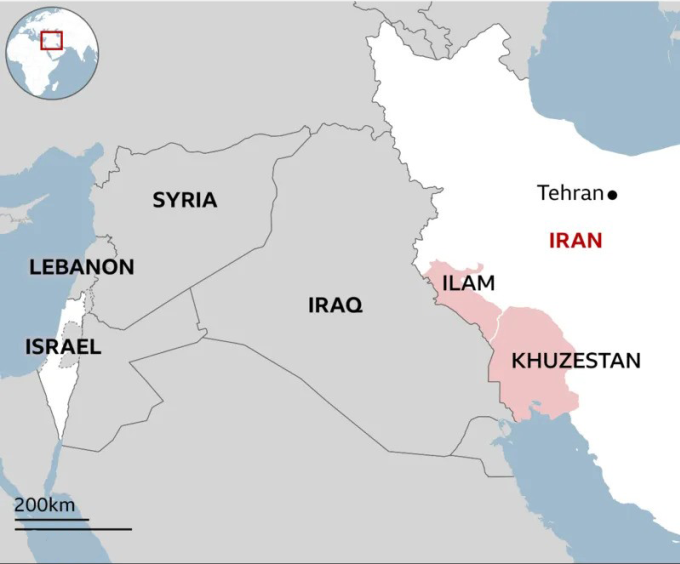 Vị trí Israel và Iran. Đồ họa: BBC