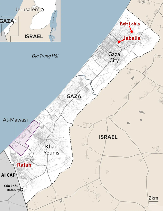 Vị trí các thành phố Beit Lahia và Jabalia ở Dải Gaza. Đồ họa: BBC