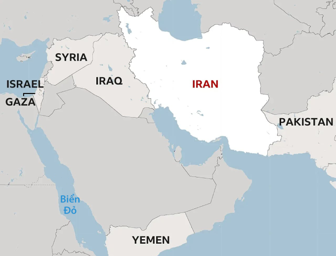 Vị trí Israel và Iran. Đồ họa: BBC