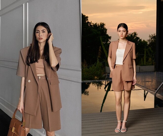 Bộ suit màu nâu camel với thiết kế tay ngắn và quần shorts Bermuda đem lại sự tươi mới cho thời trang công sở, thích hợp cho những dịp họp hành tại văn phòng,