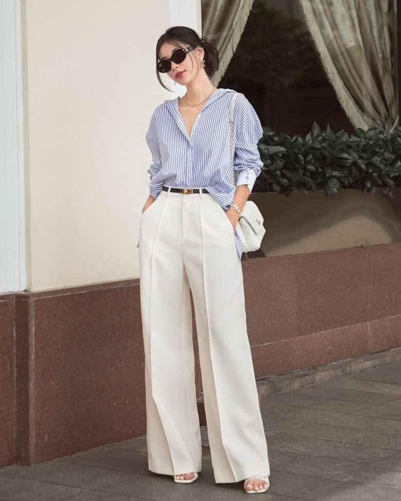 Các nàng đừng quên dùng thêm phụ kiện như thắt lưng để tạo điểm nhấn và nâng cao eo.