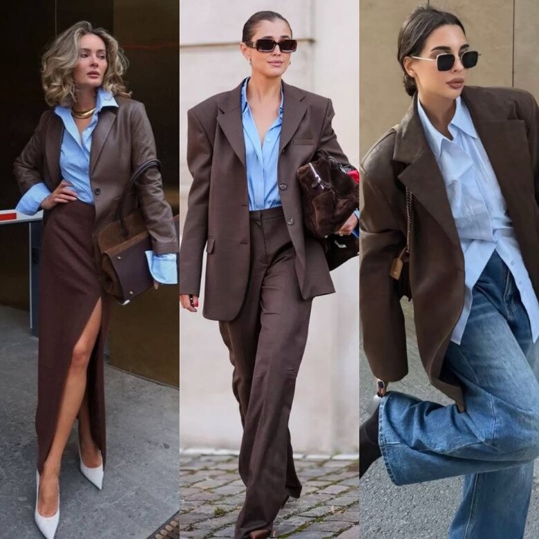 Áo sơ mi xanh phối với vest nâu tạo nên set đồ công sở thanh lịch, sành điệu.