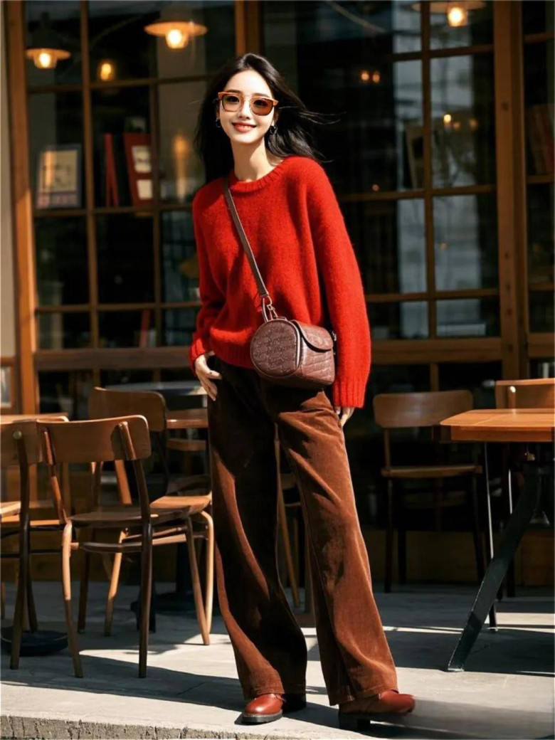 Áo len đỏ burgundy phối cùng quần nhung nâu sô cô la tạo nên sự tương phản nhẹ nhàng, vừa có chiều sâu vừa gợi cảm xúc mùa thu.