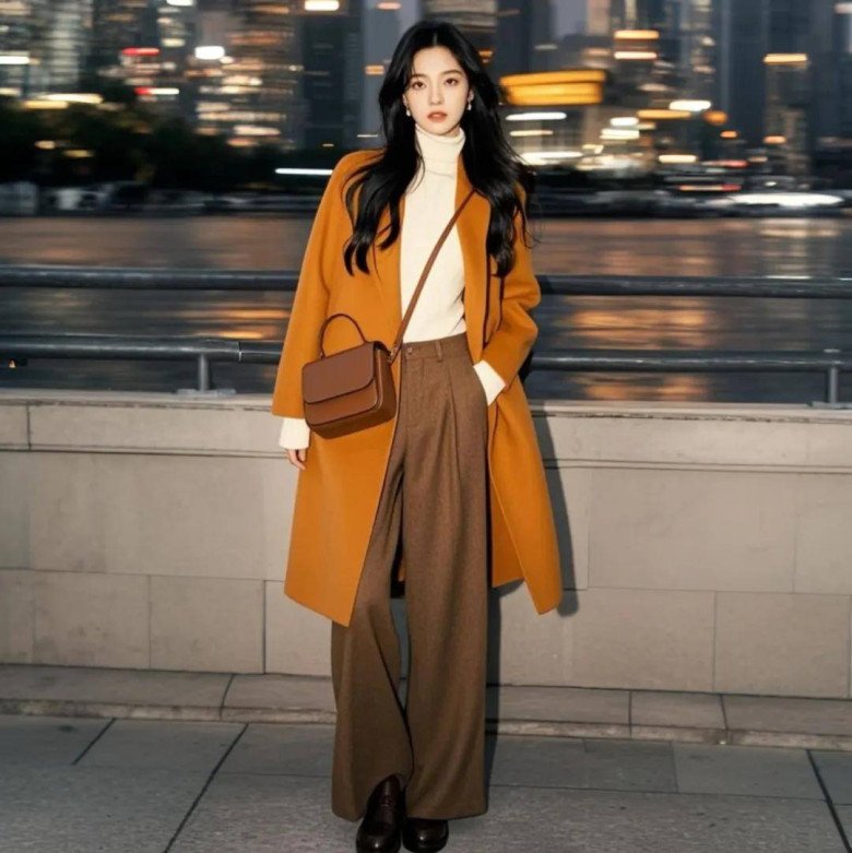 Áo khoác màu cam phủ lên lớp áo cổ lọ kem và quần tây nâu sẫm, tạo nên sự chuyển sắc mượt mà giữa các tông ấm.