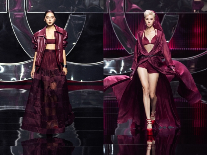 Các trang phục có phom dáng ôm sát cơ thể, cắt xẻ, được xử lý bề mặt vải ánh kim và satin.